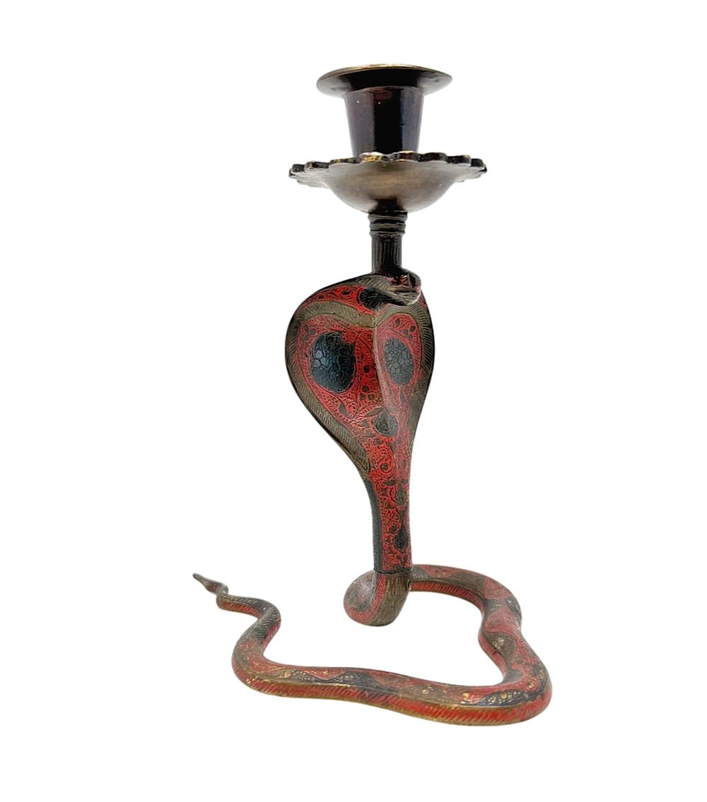 Vintage Etched Brass Cobra Snake Candlestick Holder Red Black Enamel
